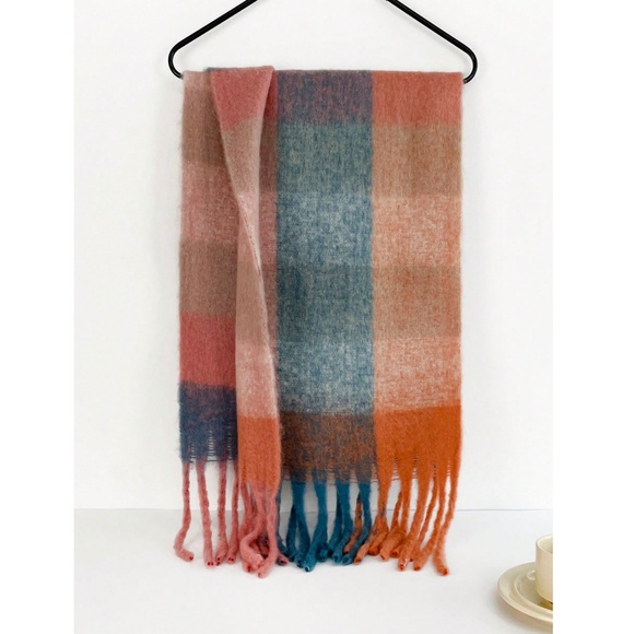 Plaid Multicolor Wide Shawl Scarf With Tassels Fuzzy Knit - Picture 3 of 6